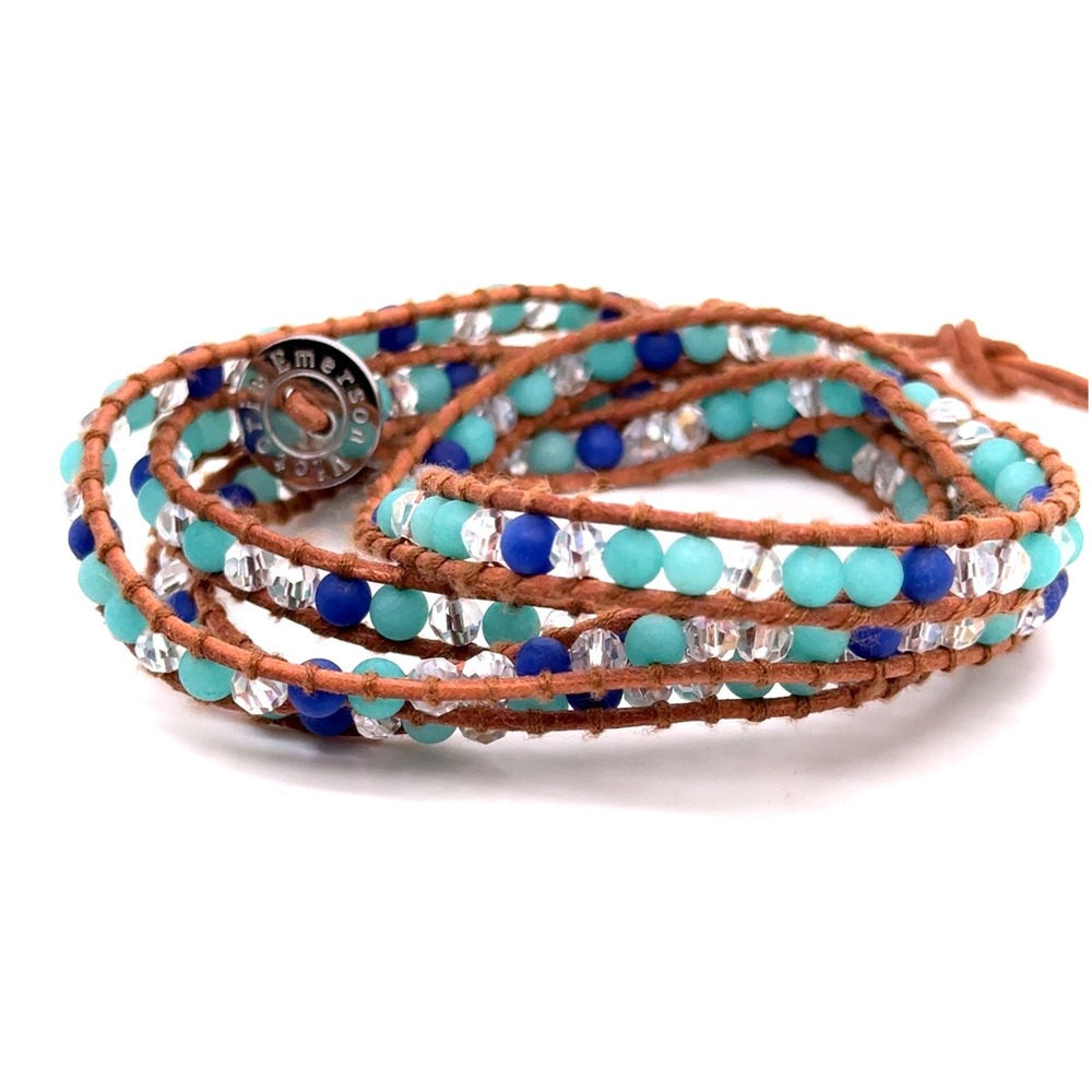 Victoria Emerson Blue Turquoise Leather Wrap Bracelet Adjustable Boho Beaded